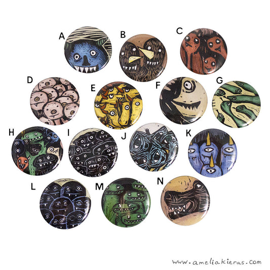 Illustrated Monster Pinback Button or Magnet