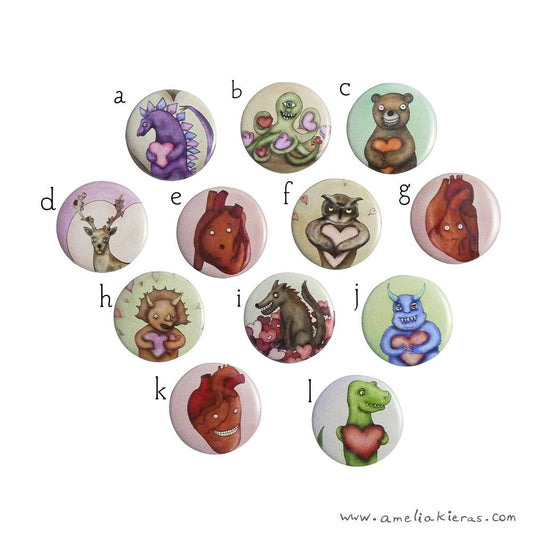 Illustrated Valentine Love Themed Pinback Button or Magnet