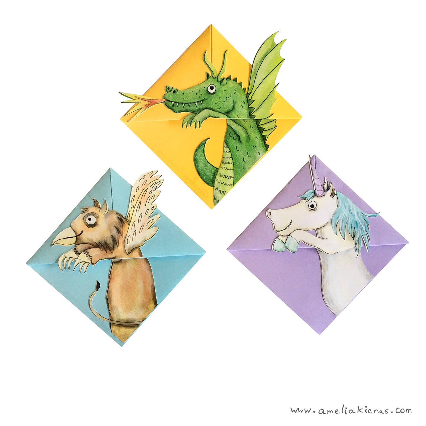 Origami Corner Bookmarks with Illustrated Fantasy Creatures, Set of Three