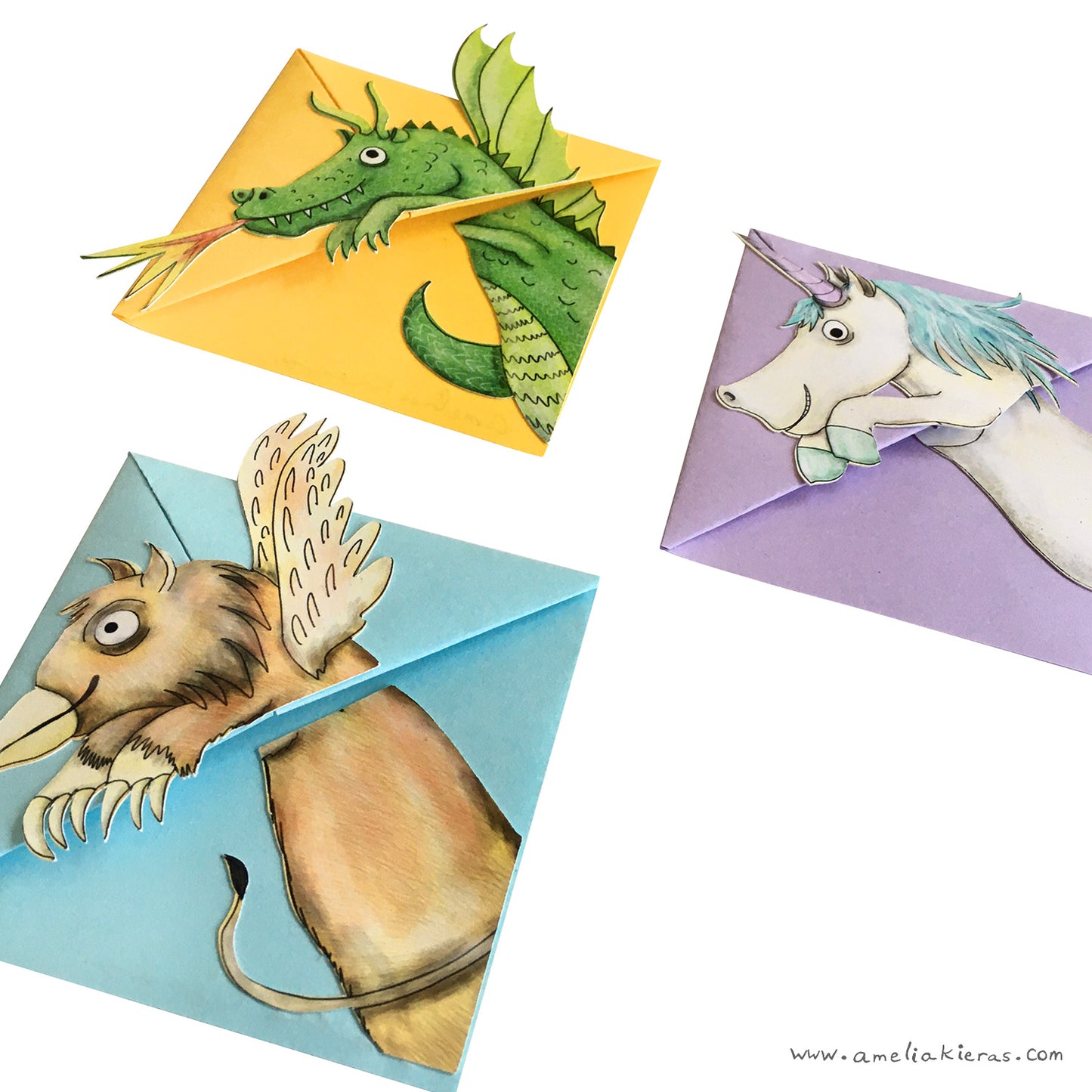 Origami Corner Bookmarks with Illustrated Fantasy Creatures, Set of Three