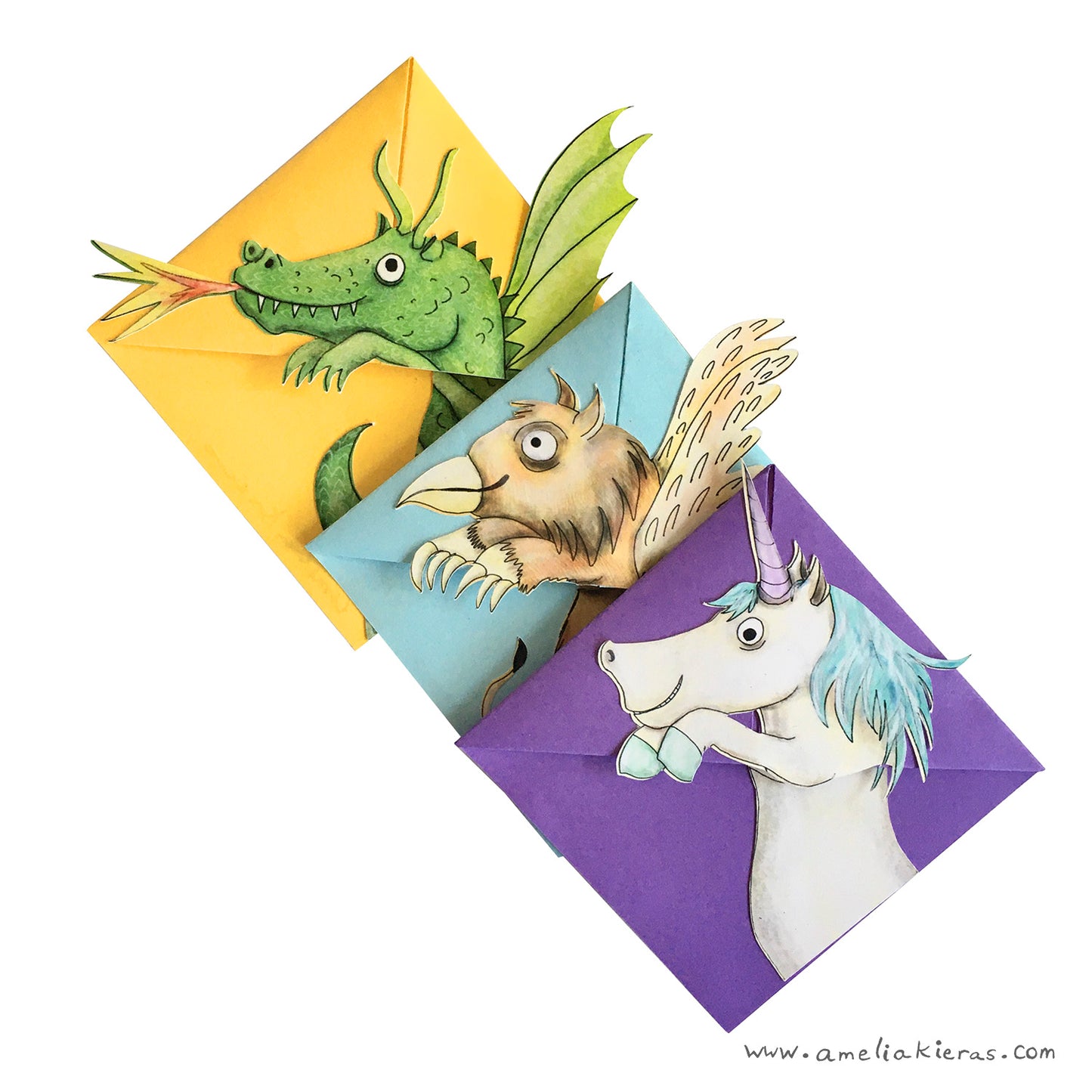 Origami Corner Bookmarks with Illustrated Fantasy Creatures, Set of Three