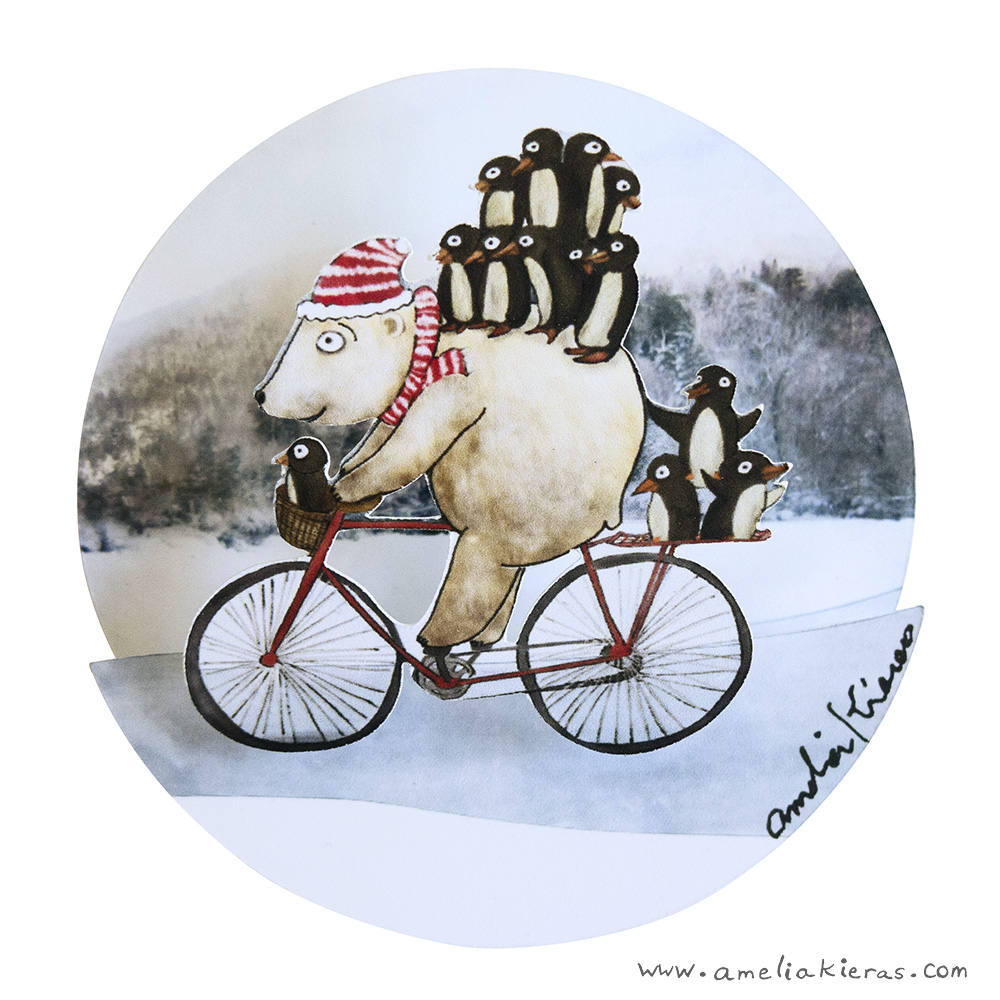 Polar Bear Penguin Bike Ride Plastic Ball Christmas Ornament