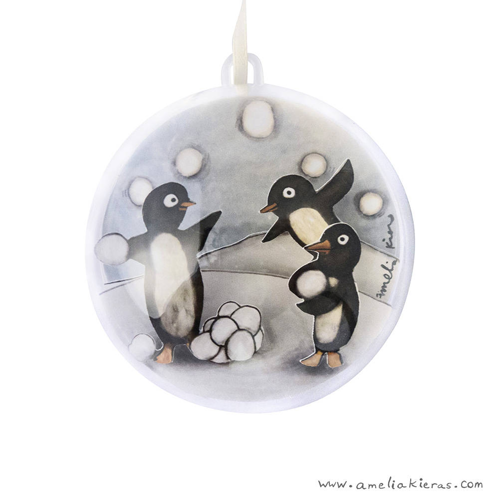 Penguin Snowball Fight Plastic Ball Ornament