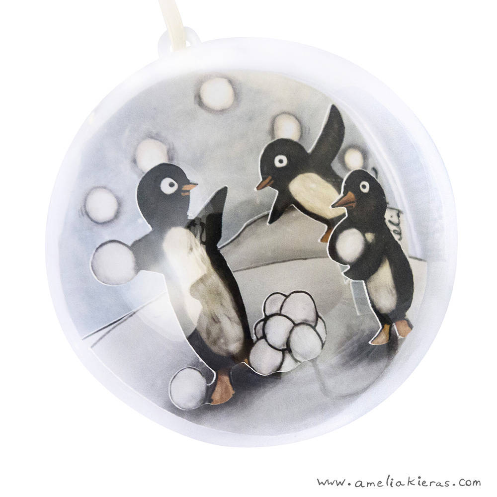 Penguin Snowball Fight Plastic Ball Ornament
