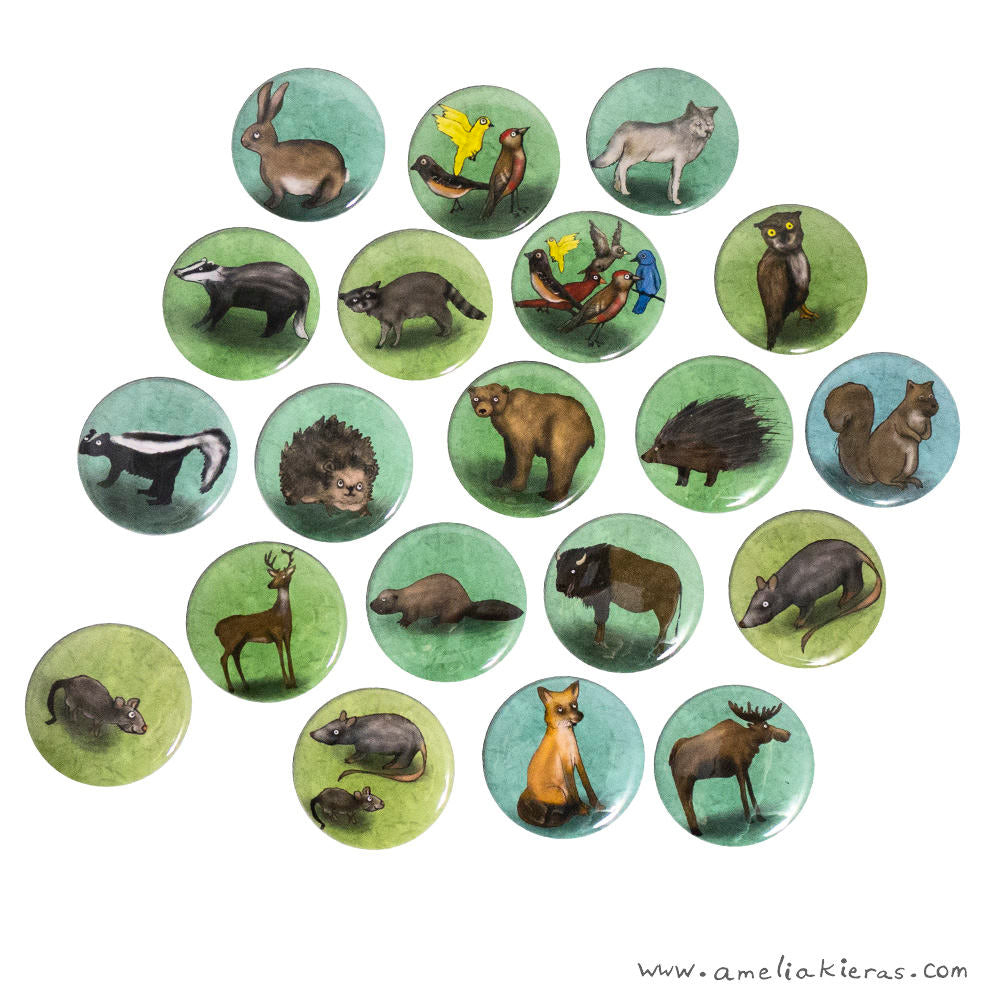 Illustrated Animal Magnet and Pinback Buttons