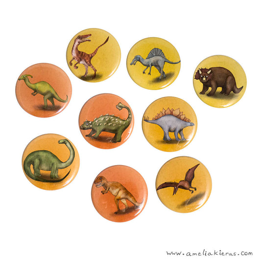 Illustrated Dinosaur Pinback Button or Magnet