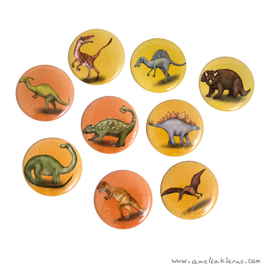 Illustrated Dinosaur Pinback Button or Magnet