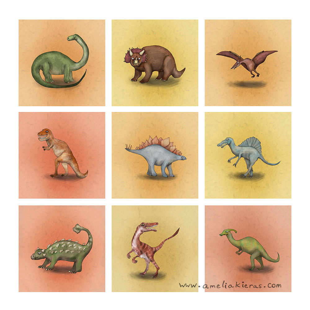 Illustrated Dinosaur Pinback Button or Magnet
