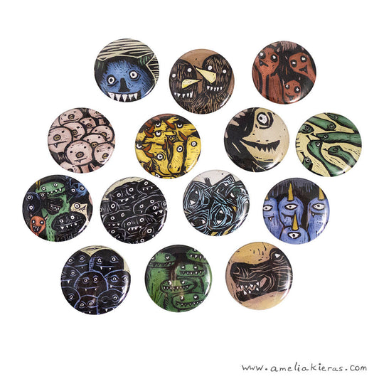 Illustrated Monster Pinback Button or Magnet