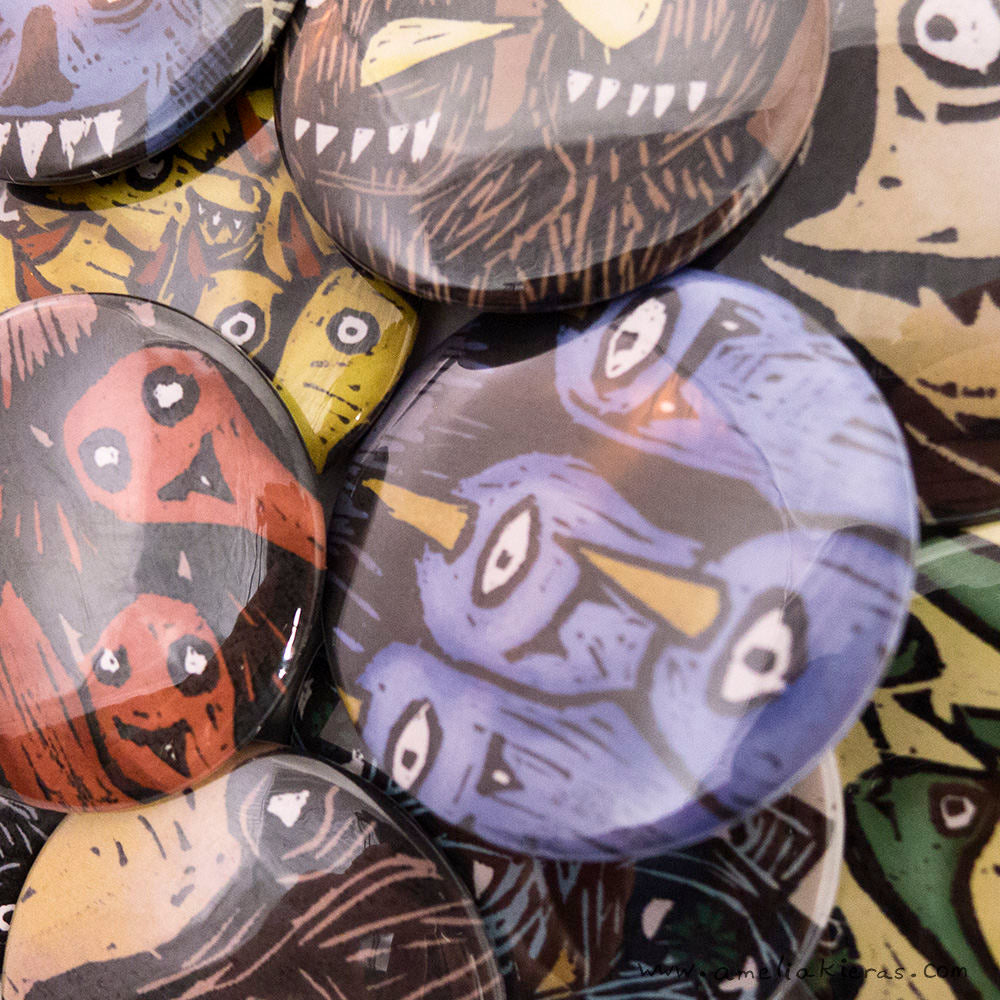 Illustrated Monster Pinback Button or Magnet