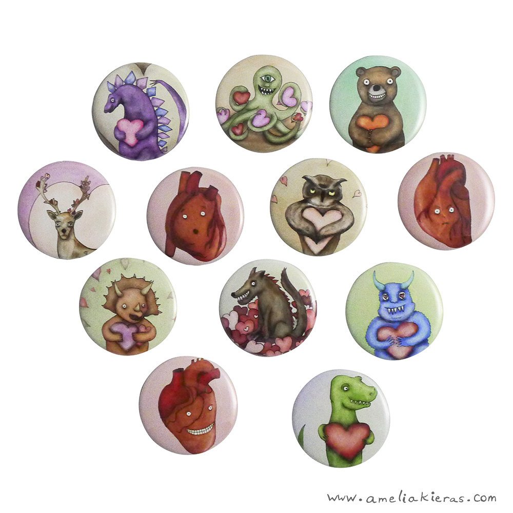 Illustrated Valentine Love Themed Pinback Button or Magnet