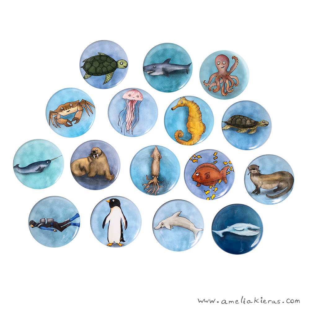 Illustrated Water Creature Pinback Button or Magnet
