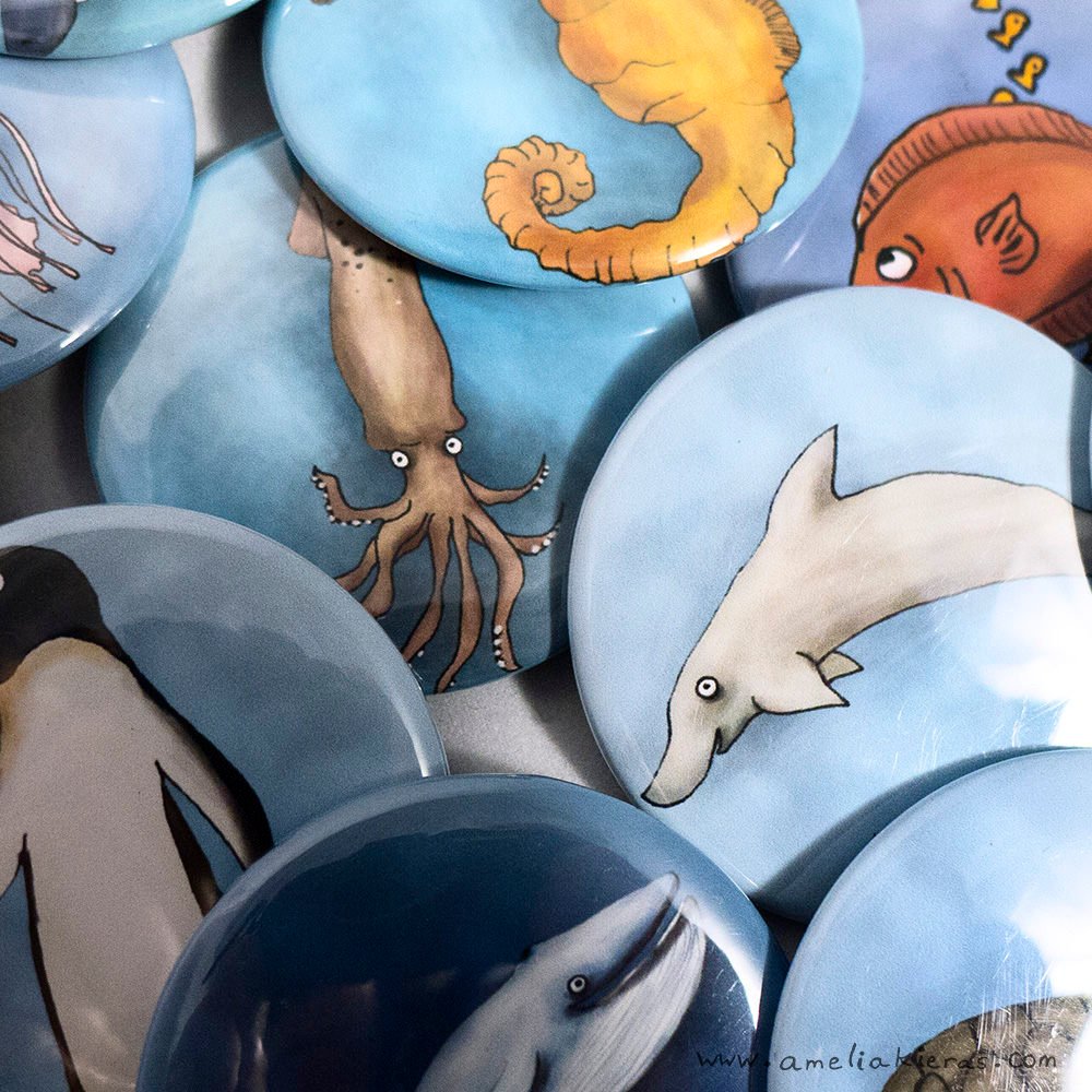 Illustrated Water Creature Pinback Button or Magnet