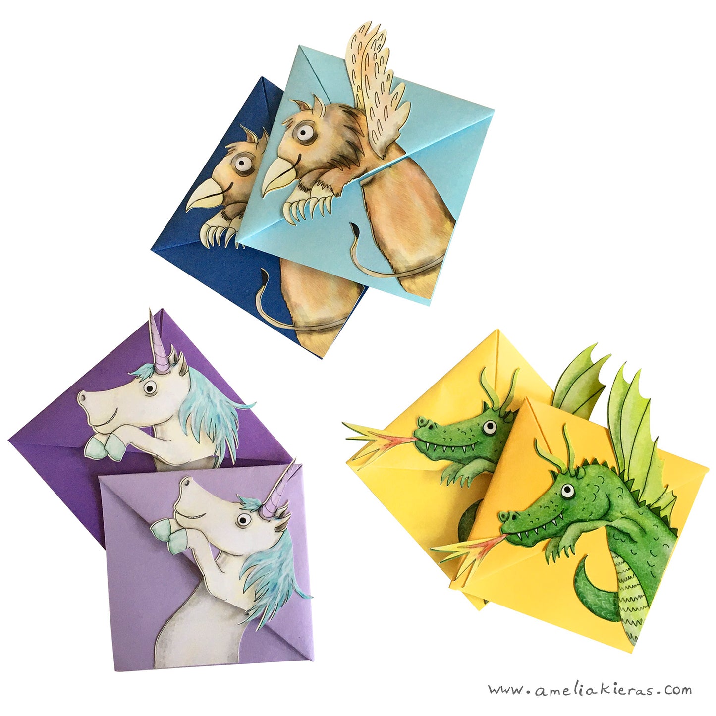 Origami Corner Bookmarks with Illustrated Fantasy Creatures, Set of Three