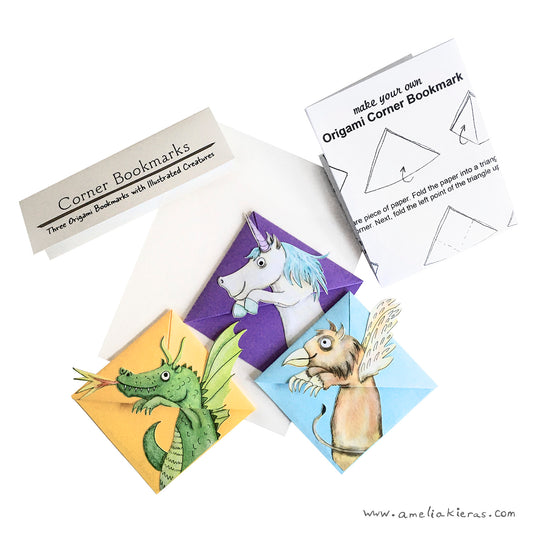 Origami Corner Bookmarks with Illustrated Fantasy Creatures, Set of Three