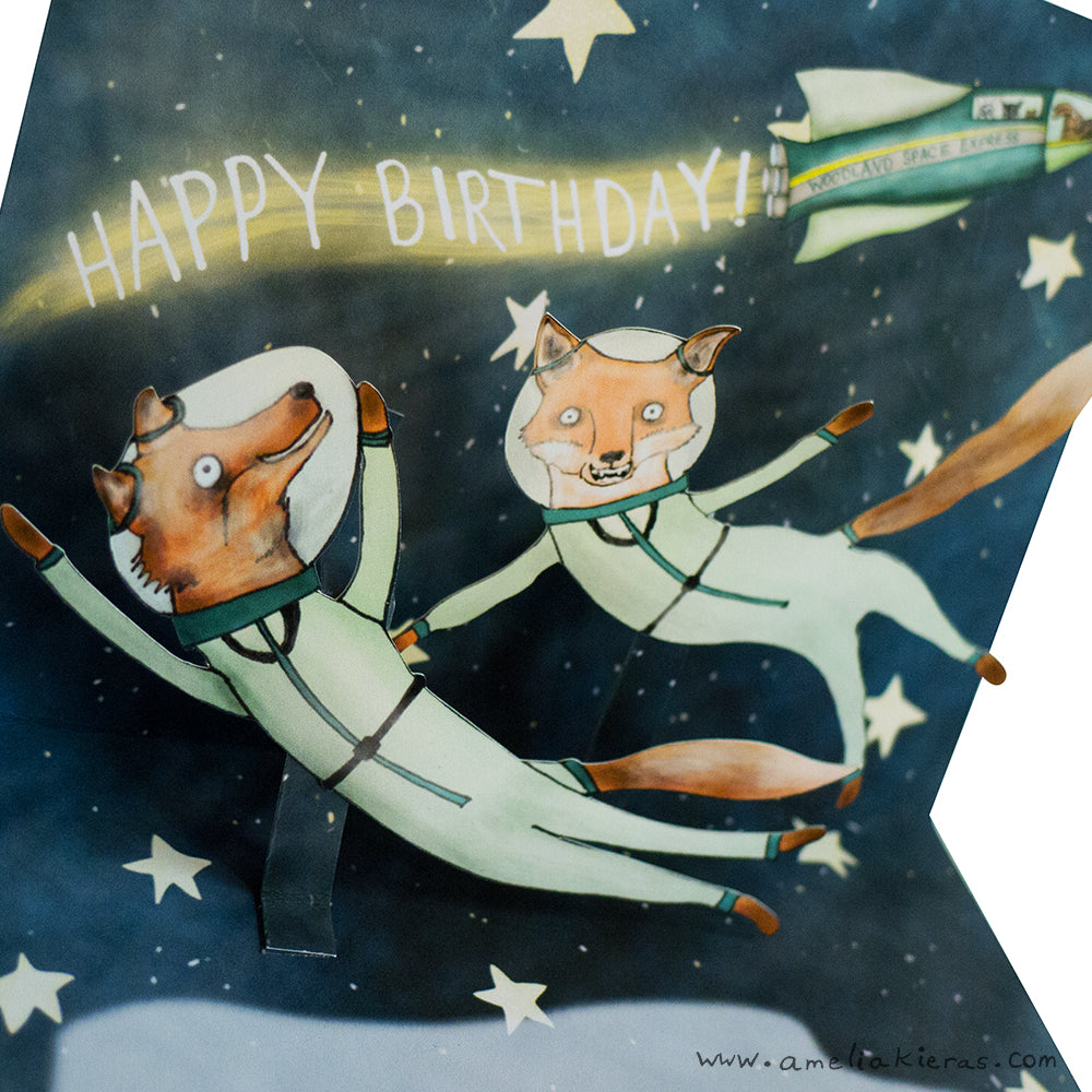 Space Fox Pop Up Birthday Card Detail