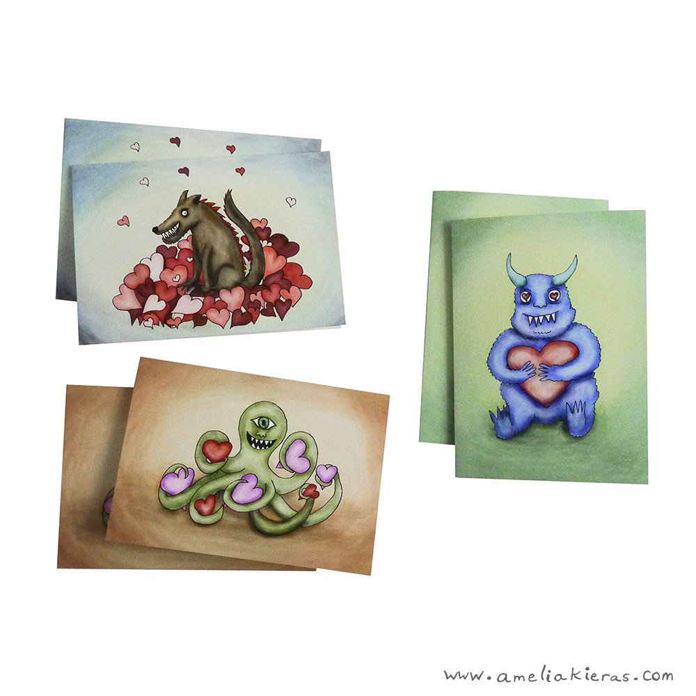 Monster Valentines Six Card Stationary Set