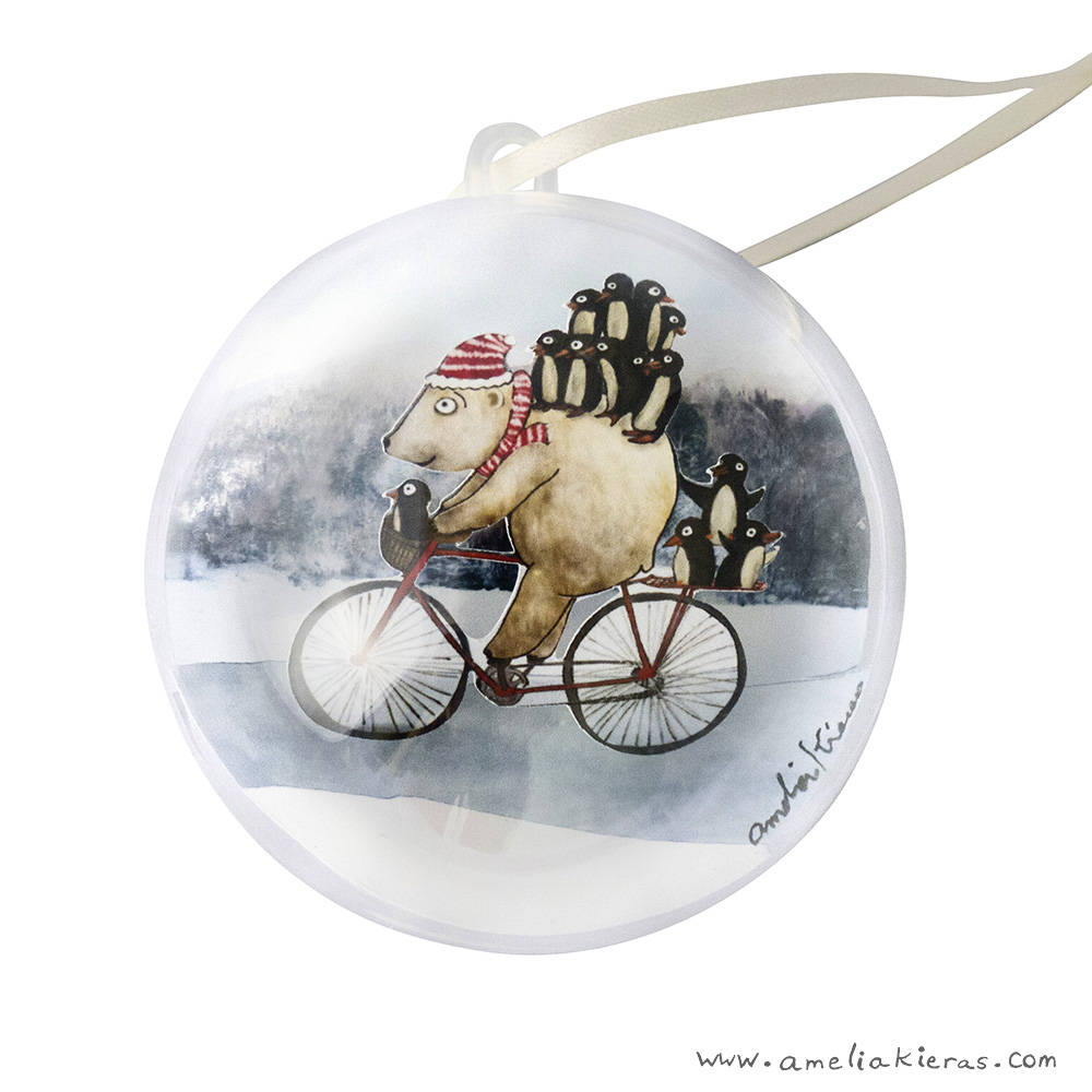 Polar Bear Penguin Bike Ride Plastic Ball Christmas Ornament