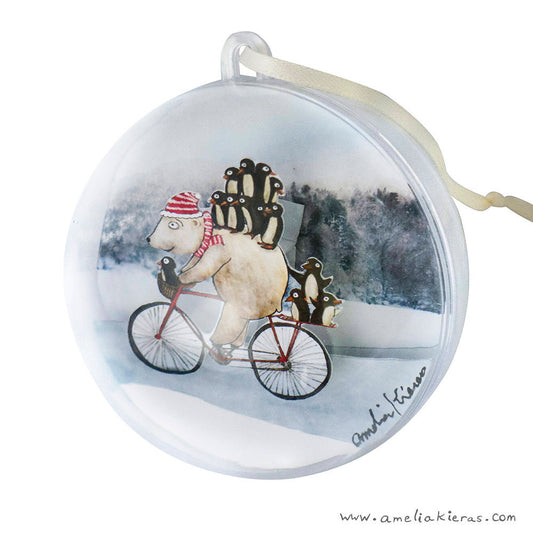 Polar Bear Penguin Bike Ride Plastic Ball Christmas Ornament