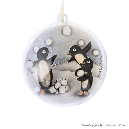 Penguin Snowball Fight Plastic Ball Ornament