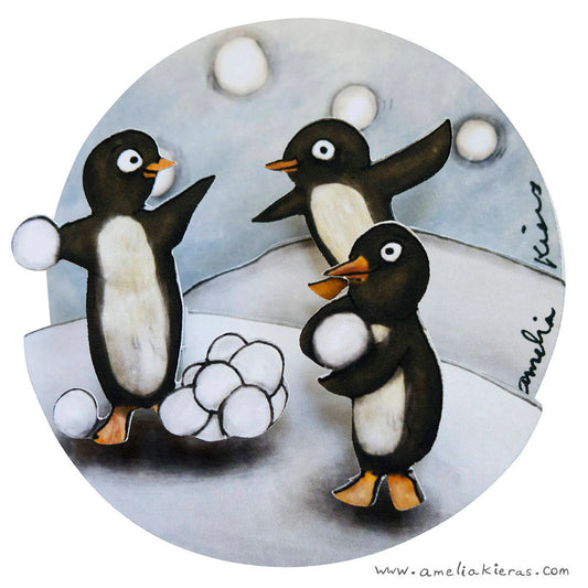 Penguin Snowball Fight Plastic Ball Ornament