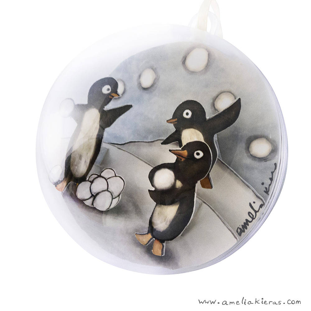 Penguin Snowball Fight Plastic Ball Ornament