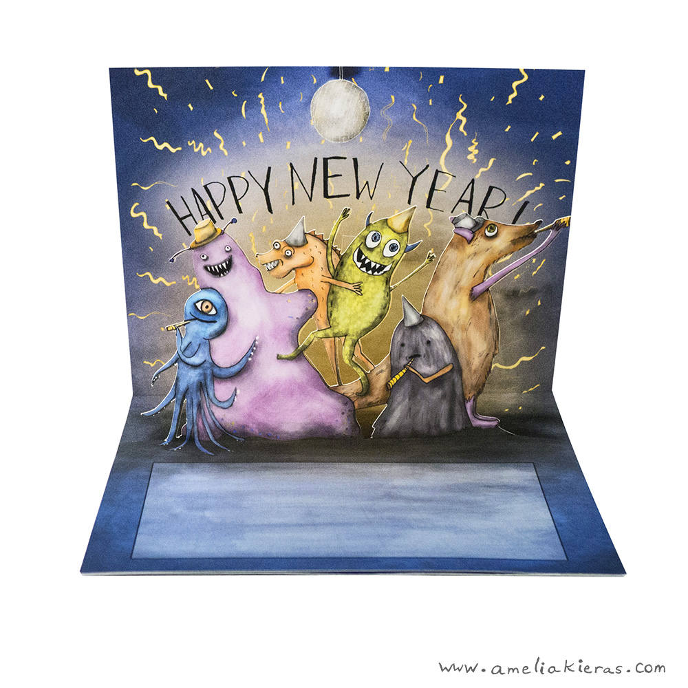 3D Pop Up Card - Monster New Years Eve Party