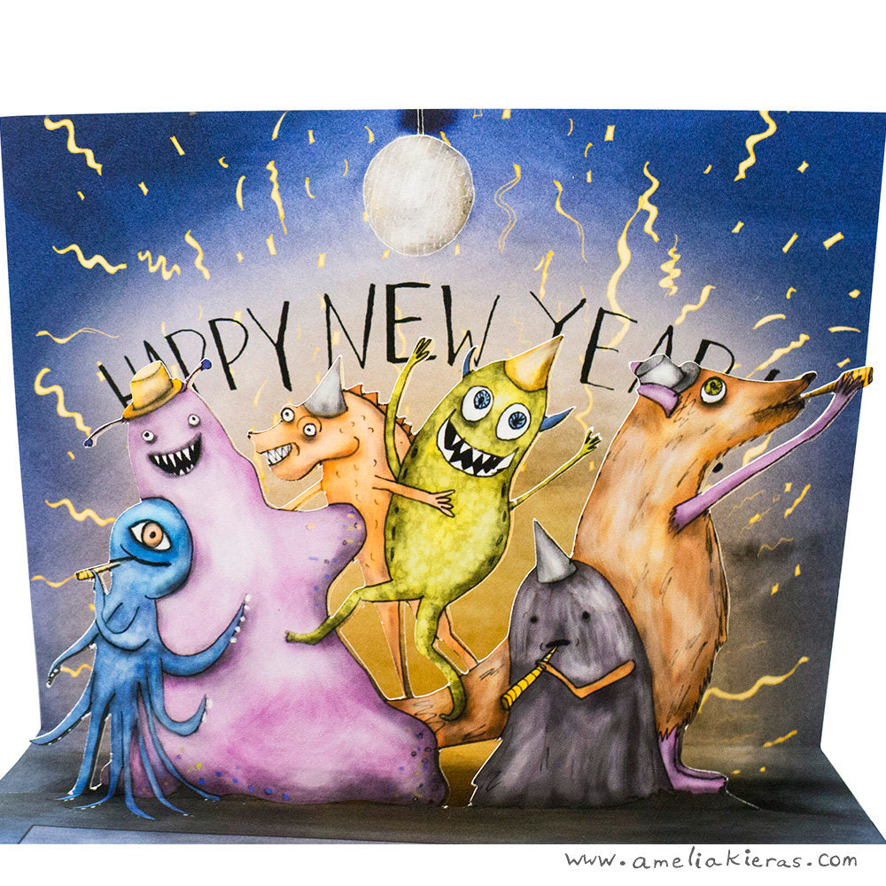 3D Pop Up Card - Monster New Years Eve Party