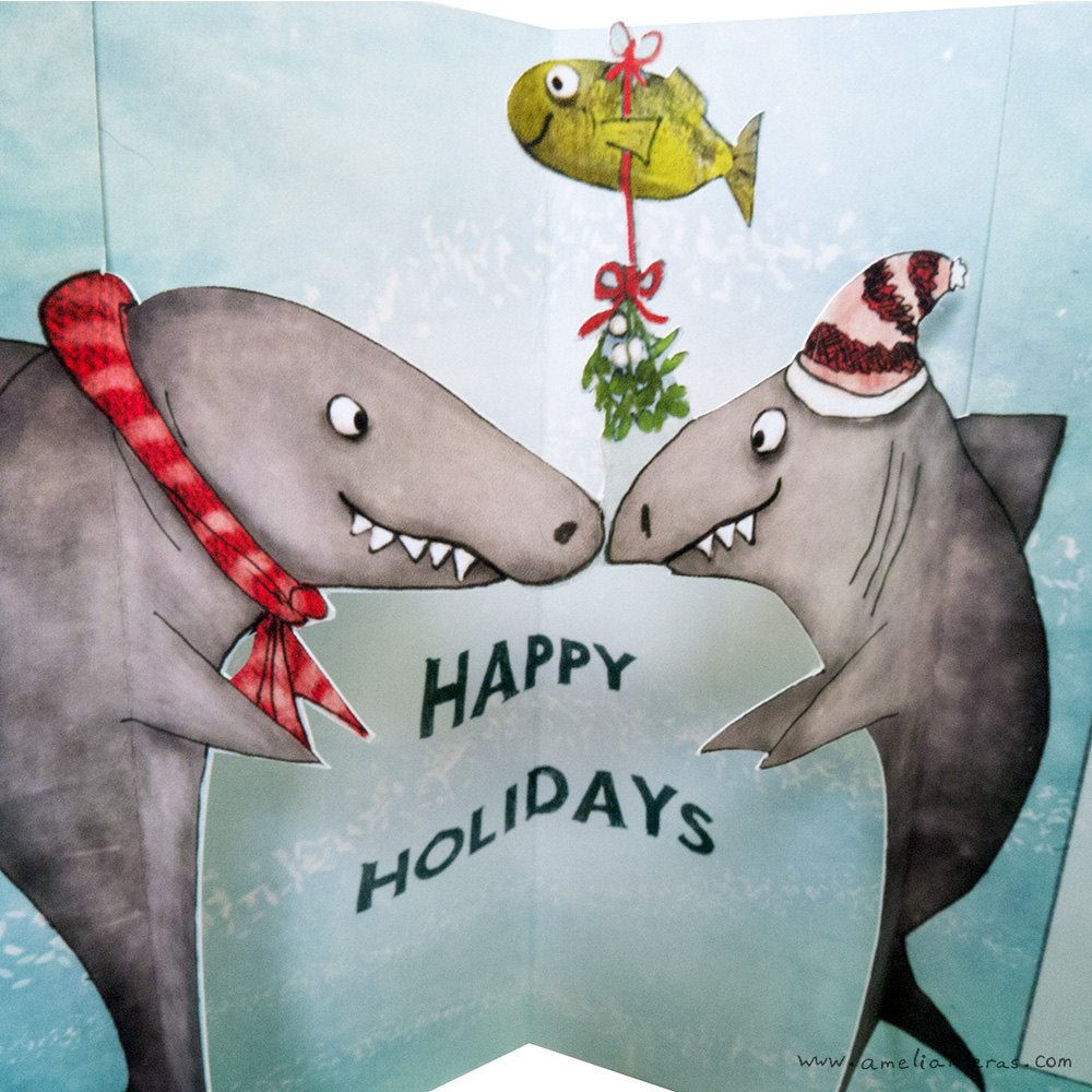 Sharks under the Mistletoe 3D Pop Up Card