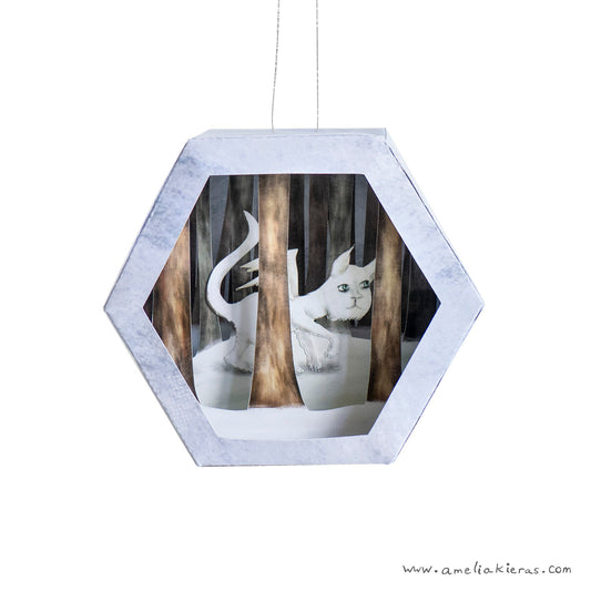 Snow Cat Geometric Paper Scene Christmas Ornament