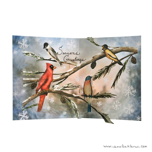 Winter Birds Seasons Greetings 3D Pop Up Card